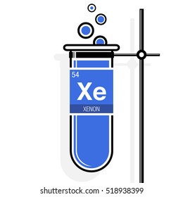 Xenon symbol on label in a blue test tube with holder. Element number 54 of the Periodic Table of the Elements - Chemistry