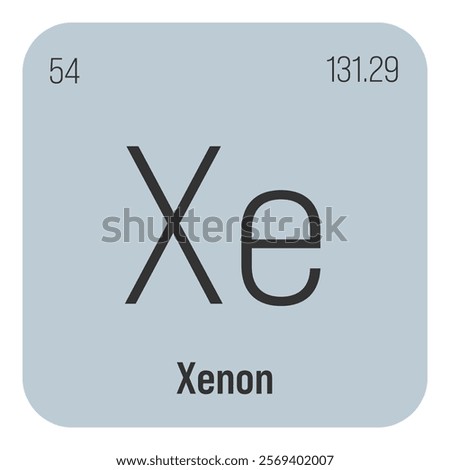 Xenon, Xe, periodic table element with name, symbol, atomic number and weight. Inert gas with various scientific uses, such as in certain types of lighting and as a component in certain types of