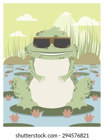Xenopus with sunglasses in a pond in editable vector file