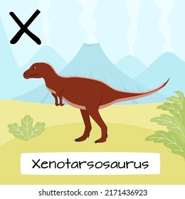 Xenotarsosaurus dinosaur. Letter T. Children's alphabet education. Vector illustration of a prehistoric dinosaur.
