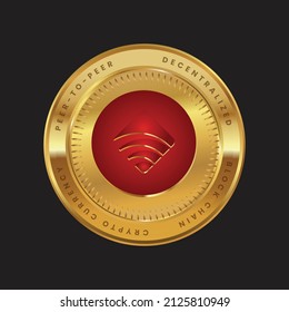 Xensor (XSR) Cryptocurrency token logo.
vector illustration design logo in red color  on gold crypto coin.