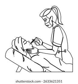 vetor de injeções cosméticas xeomin. kybella escultra, bochecha labial, testa do queixo xeomin personagem de injeções cosméticas. pessoas linha preta lápis desenho ilustração