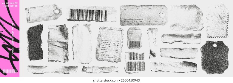 Xerox grunge photocopy with tags, barcodes and torn paper in punk collage