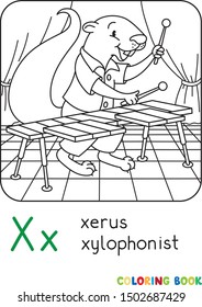 Xerus xylophonist ABC coloring book. Alphabet X