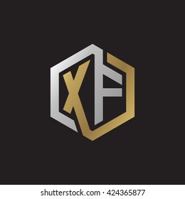 XF initial letters looping linked hexagon elegant logo golden silver black background