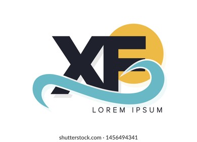 XF letter logo with ocean waves and sunset. Beach concept design