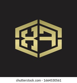 XF Logo monogram with hexagon shape and piece line rounded design tamplate on gold colors