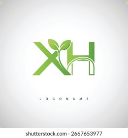 Logotipo de hoja verde de XH: monograma ecológico mínimo para la marca orgánica y el diseño sostenible de la identidad