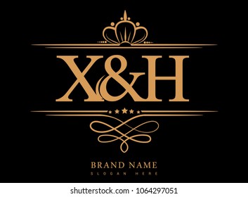 X&H Initial logo, Ampersand initial logo gold with crown and classic pattern