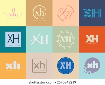 XH logo company template. Letter x and h logotype. Set different classic serif lettering and modern bold text with design elements. Initial font typography. Collection trendy business identity.