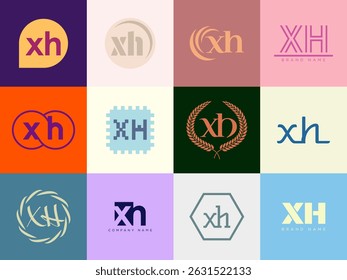 XH logo company template. Letter x and h logotype. Set different classic serif lettering and modern bold text with design elements. Initial font typography. Collection trendy business identity.