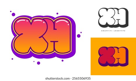 XH logo design for festival or party. Initial letter x and h in graffiti style. Creative modern lettering company name of font typography. Kids trendy logotype or identity. Vector illustration.