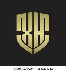 XH Logo monogram with emblem shield shape design isolated gold colors on black background