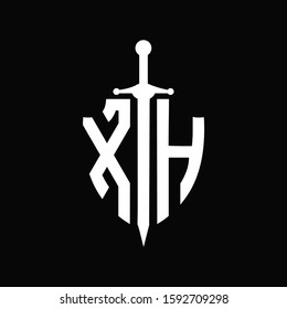 XH logo with shield shape and sword design template	