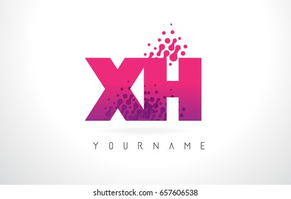 XH X H Letter Logo with Pink Letters and Purple Color Particles Dots Design.