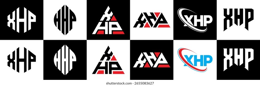 XHP letter logo design in six style. XHP polygon, circle, triangle, hexagon, flat and simple style with black and white color variation letter logo set in one artboard. XHP minimalist and classic logo