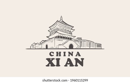 Xi An Cityscape Sketch Hand Drawn , China Vector Illustration