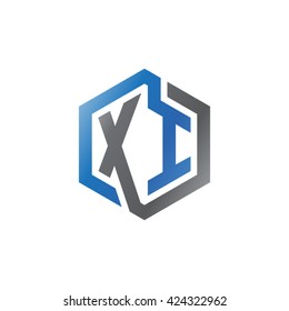 XI initial letters looping linked hexagon logo black gray blue
