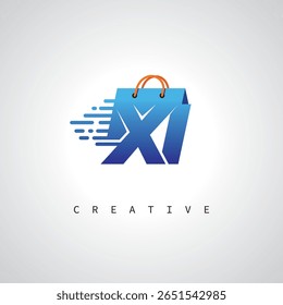 XI Monograma de compras – Entrega rápida Logotipo de comercio electrónico con el icono del bolso y la marca digital para la tienda en línea, venta al por menor e identidad logística
