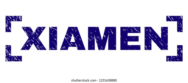 XIAMEN caption seal print with distress texture. Text caption is placed between corners. Blue vector rubber print of XIAMEN with scratched texture.