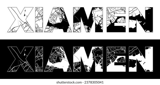 Xiamen City Name (China, Asia) with black white city map illustration vector