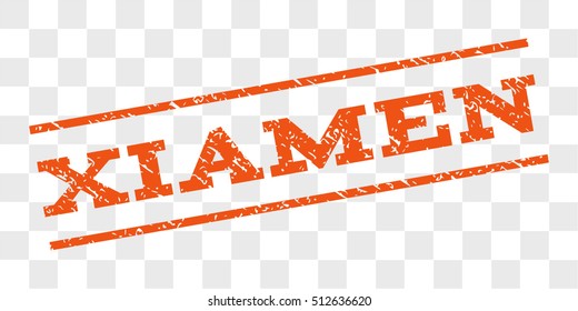 Xiamen watermark stamp. Text caption between parallel lines with grunge design style. Rubber seal stamp with dust texture. Vector orange color ink imprint on a chess transparent background.