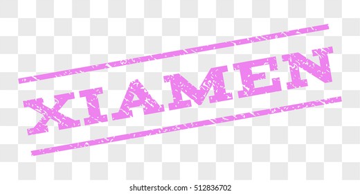 Xiamen watermark stamp. Text caption between parallel lines with grunge design style. Rubber seal stamp with unclean texture. Vector violet color ink imprint on a chess transparent background.
