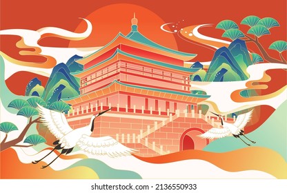 Xi'an Bell and Drum Tower city landmark building, vector illustration