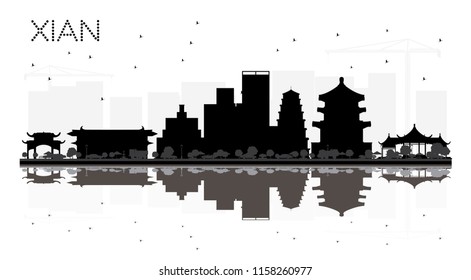 Xian China City skyline black and white silhouette with Reflections. Vector illustration. Simple flat concept for tourism presentation, banner, placard or web. Xian Cityscape with landmarks.