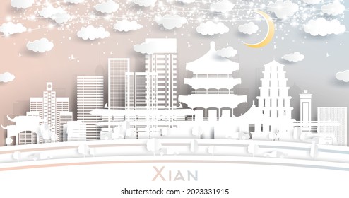 Xian China City Skyline in Paper Cut Style with White Buildings, Moon and Neon Garland. Vector Illustration. Travel and Tourism Concept. Xian Cityscape with Landmarks.