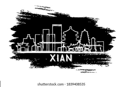 Xian China City Skyline Silhouette. Hand Drawn Sketch. Business Travel and Tourism Concept with Historic Architecture. Vector Illustration. Xian Cityscape with Landmarks.