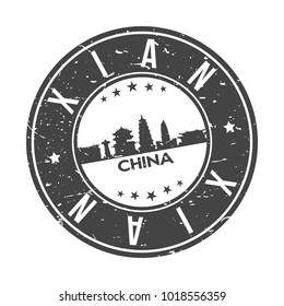 Xian China Round Stamp Icon Skyline City Badge.