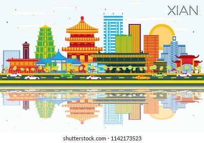 Xian China Skyline with Color Buildings, Blue Sky and Reflections. Vector Illustration. Business Travel and Tourism Concept with Historic Architecture. Xian Cityscape with Landmarks.