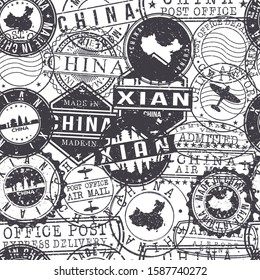 Xian China Stamps Background. City Stamp Vector Art. Postal Passport Travel. Design Set Pattern.