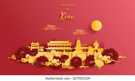 Xian, China world famous landmark in gold and red background. Paper cut vector illustration.