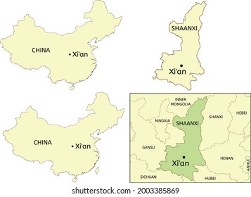 Xi'an city location on map of China and 	Shaanxi Province