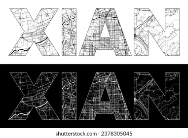 Xian City Name (China, Asia) with black white city map illustration vector