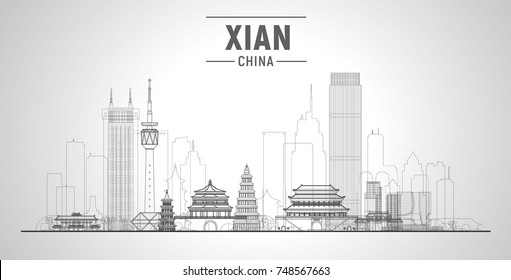 Xian line Skyline. (China ) Vector illustration. Business travel and tourism concept with modern buildings. Image for presentation, banner, web site.