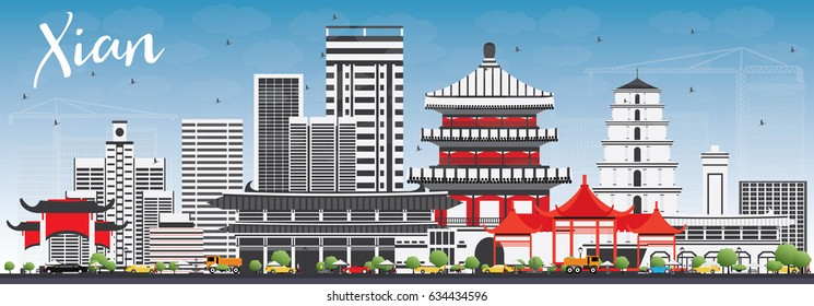 Xian Skyline with Gray Buildings and Blue Sky. Vector Illustration. Business Travel and Tourism Concept with Historic Architecture. Image for Presentation Banner Placard and Web Site.