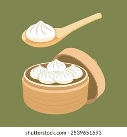 Xiao Long Bao em vapor de bambu, Xiao Long Bao na colher, ilustração vetorial