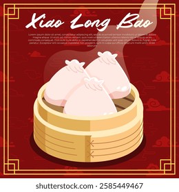 Xiao Long Bao in a bamboo steamer with a red cloud Chinese background vector illustration