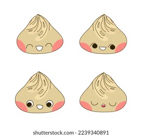 Xiao Long Bao set of dumpling characters vector illustration. Cute kawaii dim sum with various emotions and blush on cheeks. Clip art elements isolated on white background