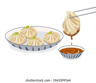 Xiao long bao, steamed dumplings bun with sauce. A plate of dumplings and chopsticks holding a steamed dumplings dipping sauce. Authentic vector asian food illustration on white background. 