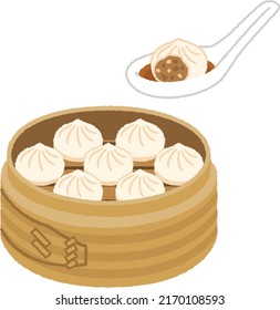 Xiaolongbao is a kind of dim sum of Chinese food. Dim sum is made by wrapping minced pork or gravy in a thin flour rind and steaming it in a bamboo steamer.