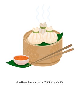 Xiaolongbao. Soup dumplings. Chinese steamed bun baozi. Steamed xiaolong bao served in a traditional steaming basket. Xiaolong momo mantou kind of dimsum. Vector icon illustration isolated on white