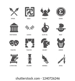 Xifos, Boat, Olive Oil, Literature, Armor, Spear, Parthenon, Theatre, Hermes, Column, Hermes icon 16 set EPS 10 vector format. Icons optimized for both large and small resolutions.