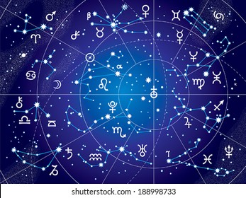 XII Constellations of Zodiac and Its Planets the Sovereigns. Astrological Celestial Chart. (Ultraviolet Blueprint version).