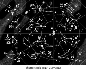 XII Constellations of Zodiac and Its Planets the Sovereigns. Astrological Celestial Chart.