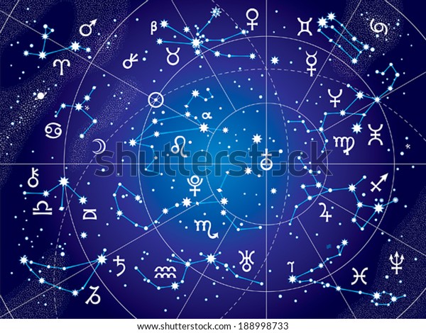 十二星座とその惑星が皇帝に当たる 天体図 紫外線青写真版 のベクター画像素材 ロイヤリティフリー