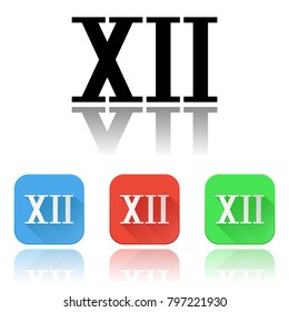 XII roman numeral icons. Colored set with reflection. Vector illustration